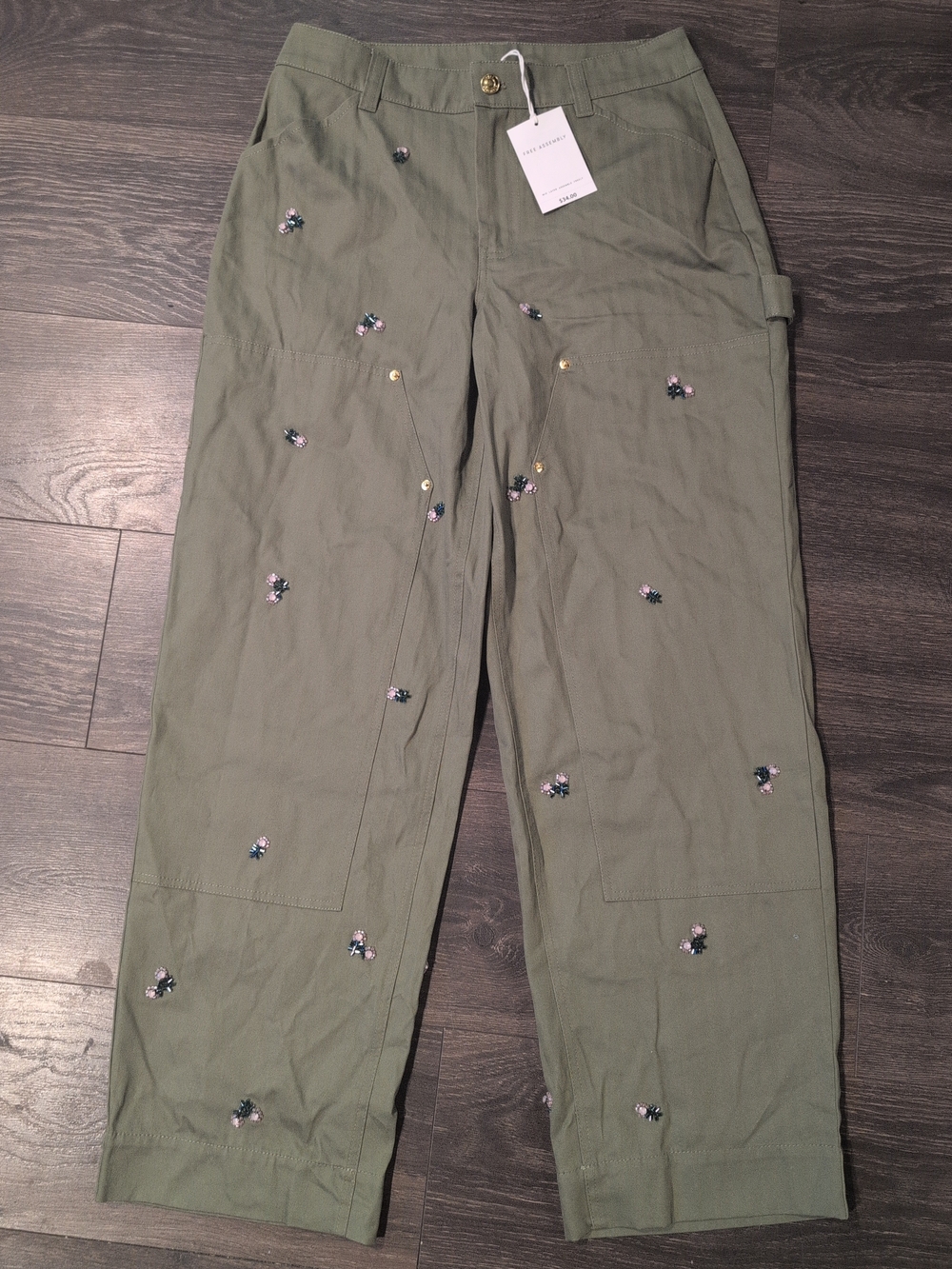 Women's Green Embellished Floral Cotton Utility Pants 30" Inseam Size 4 NWT